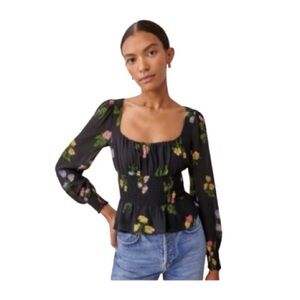 Reformation Night Bloom Black Floral Smocked Waist Long Sleeve Blouse Size 12
